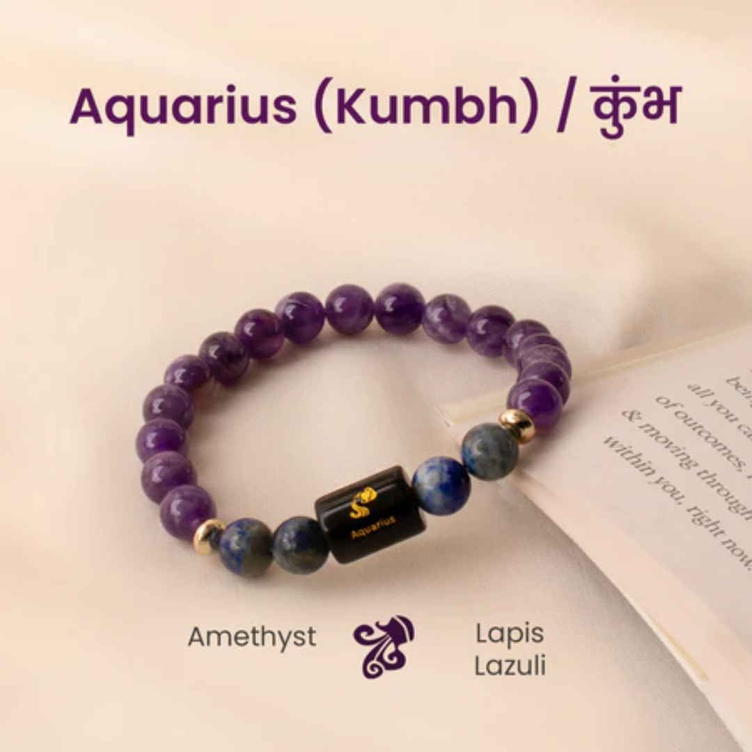 Aquarius (कुंभ राशि) Zodiac Amethyst & Lapis Lazuli Bracelet