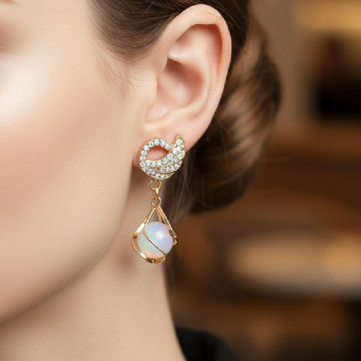 Gold-Plated Swan Design Crystal Opal Pearl Drop Earrings